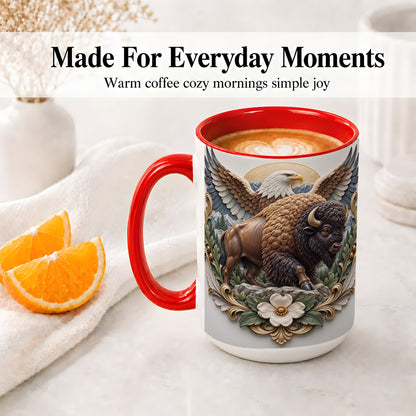 #pl[15oz|Red] Bison and Eagle Accent Mug, Mountain Wildlife Artwork for Nature Fans