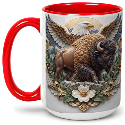 #pl[15oz|Red] Bison and Eagle Accent Mug, Mountain Wildlife Artwork for Nature Fans