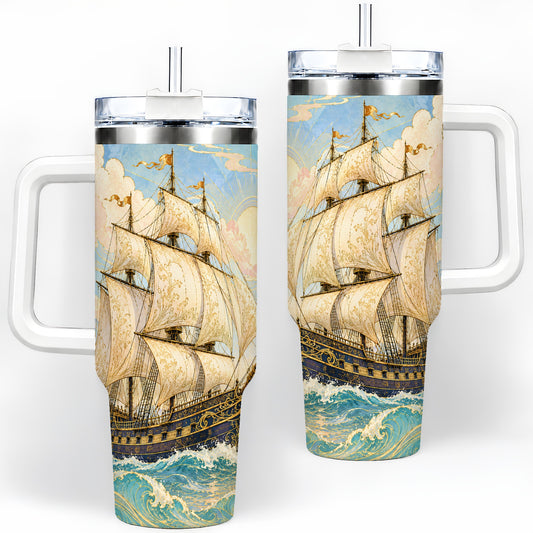 Vintage Sailing Ship 40oz Tumbler, Coastal Sun and Ocean Voyage Artwork