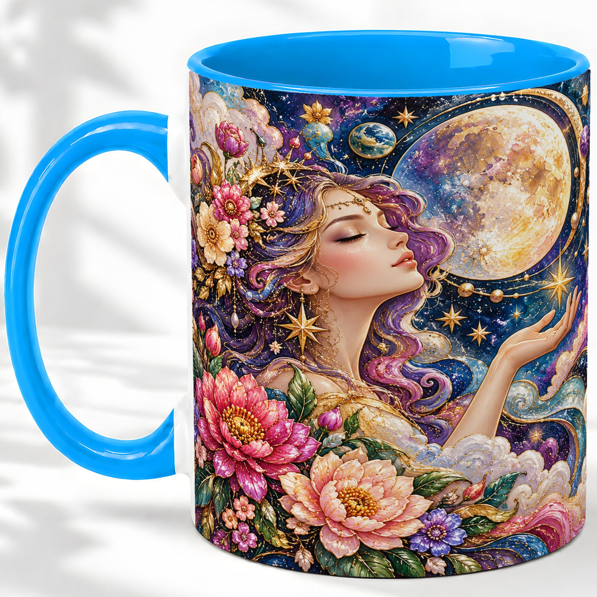 #pl[11oz|Blue] Celestial Woman Accent Mug, Moon and Floral Fantasy Artwork