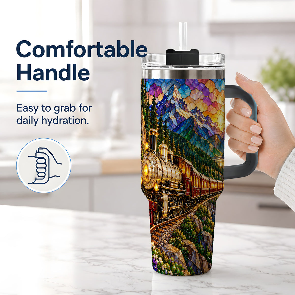 #pl[40oz|Black] Mountain Train 40oz Tumbler, Colorful Sunset Railway Scene Artwork