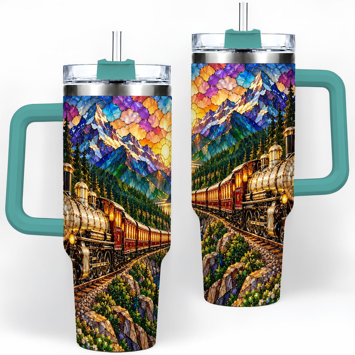 #pl[40oz|Green] Mountain Train 40oz Tumbler, Colorful Sunset Railway Scene Artwork