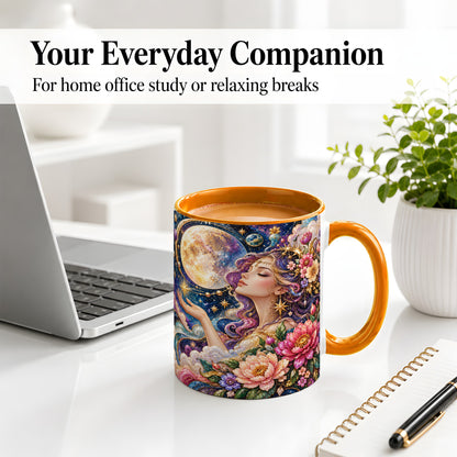 #pl[11oz|Orange] Celestial Woman Accent Mug, Moon and Floral Fantasy Artwork