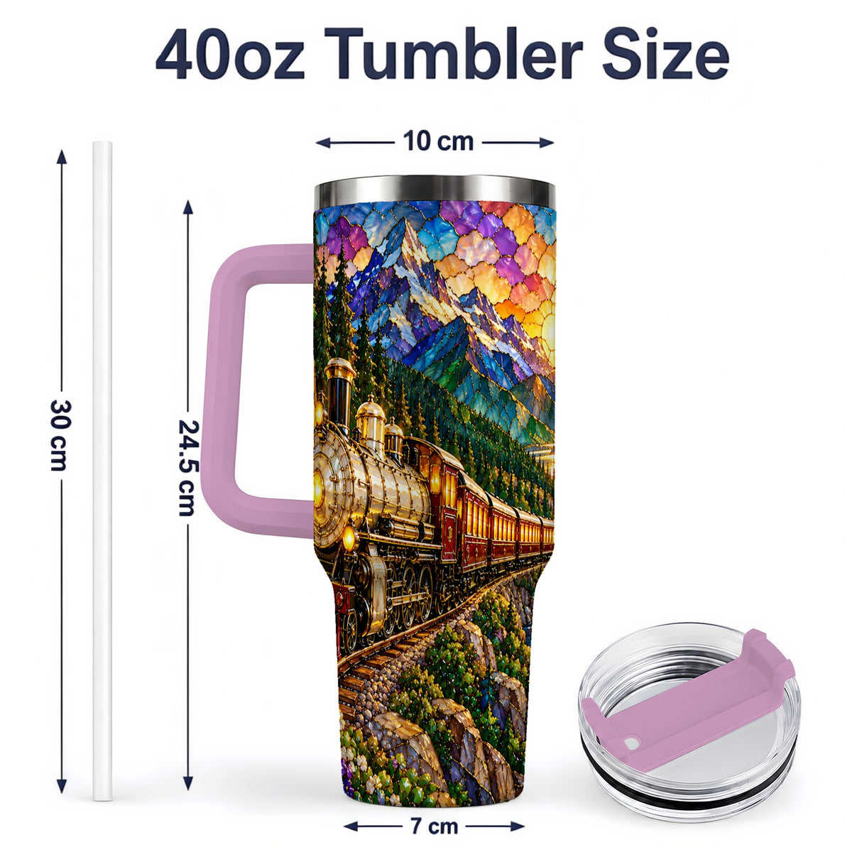 #pl[40oz|Pink] Mountain Train 40oz Tumbler, Colorful Sunset Railway Scene Artwork