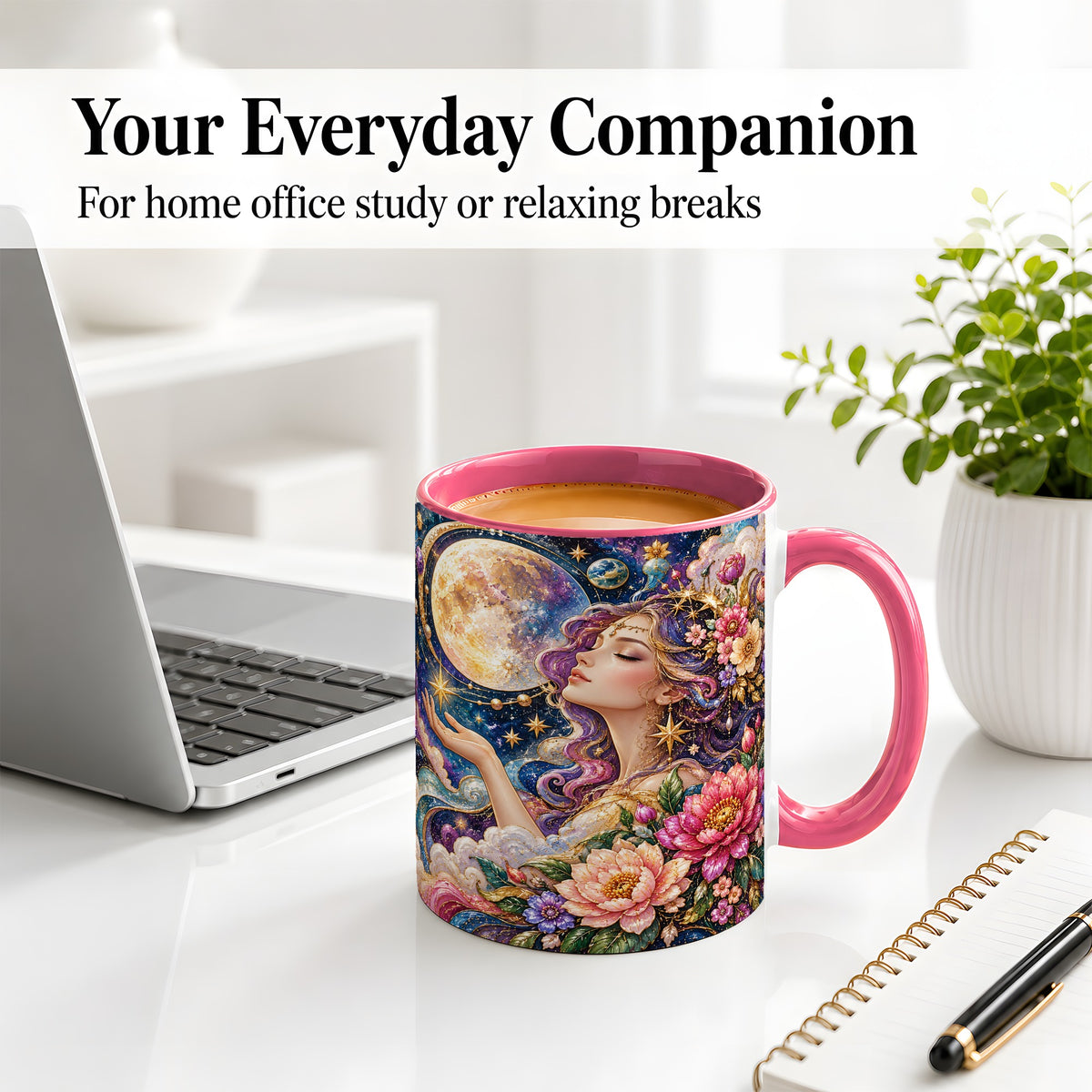 #pl[11oz|Pink] Celestial Woman Accent Mug, Moon and Floral Fantasy Artwork