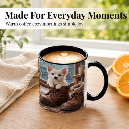 #pl[11oz|Black] Chihuahua Coffee Mug, Rustic Puppy Mug, Ceramic Cup, Cozy Boots Art