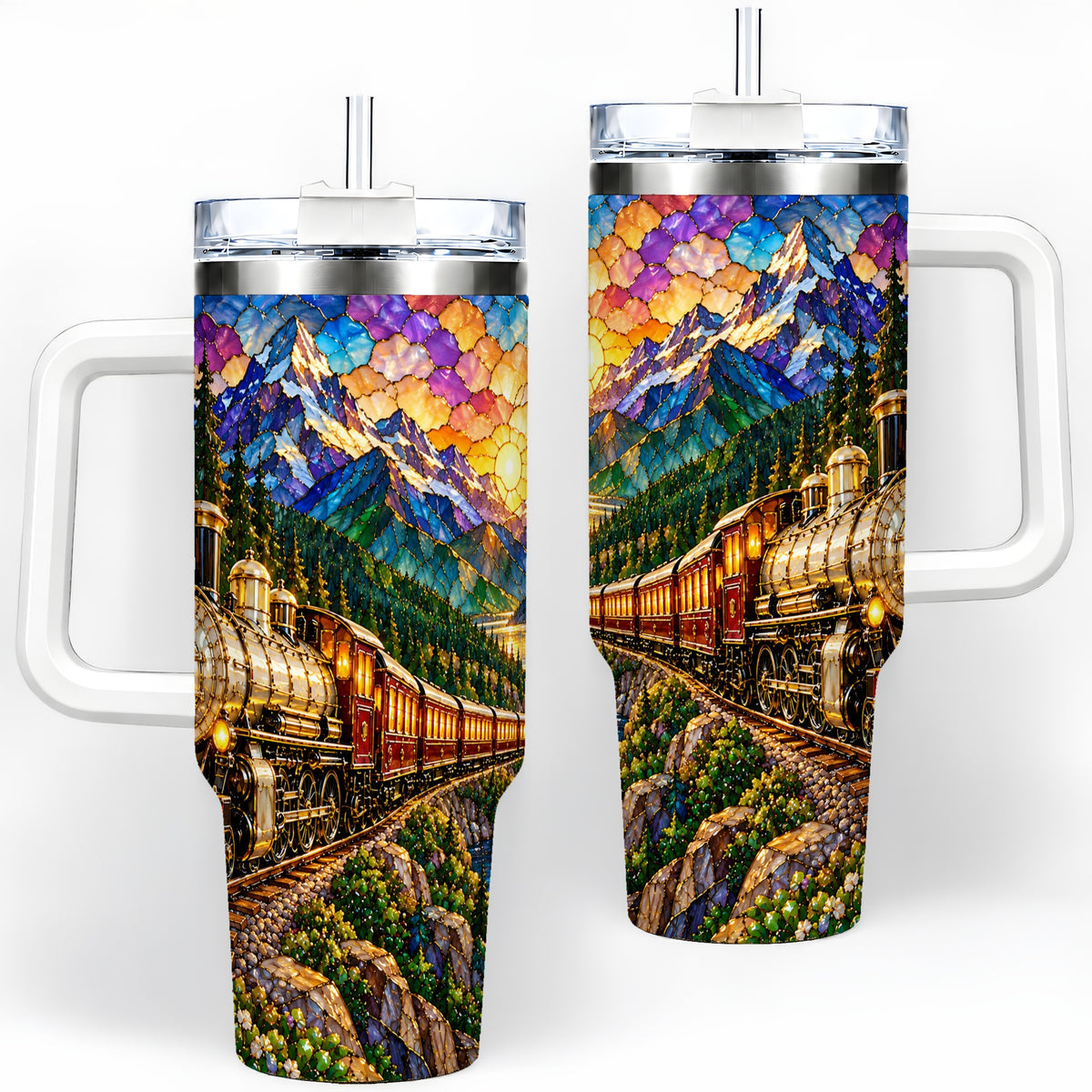 Mountain Train 40oz Tumbler, Colorful Sunset Railway Scene Artwork