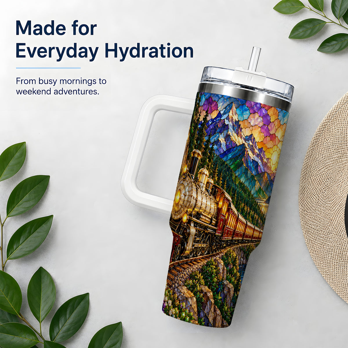 Mountain Train 40oz Tumbler, Colorful Sunset Railway Scene Artwork