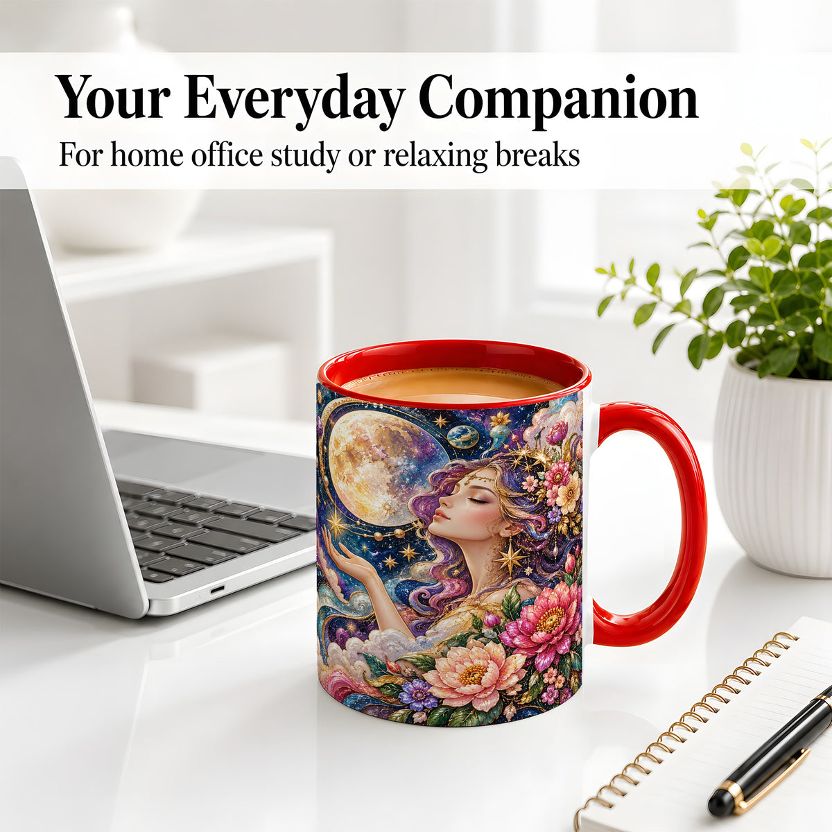 #pl[11oz|Red] Celestial Woman Accent Mug, Moon and Floral Fantasy Artwork