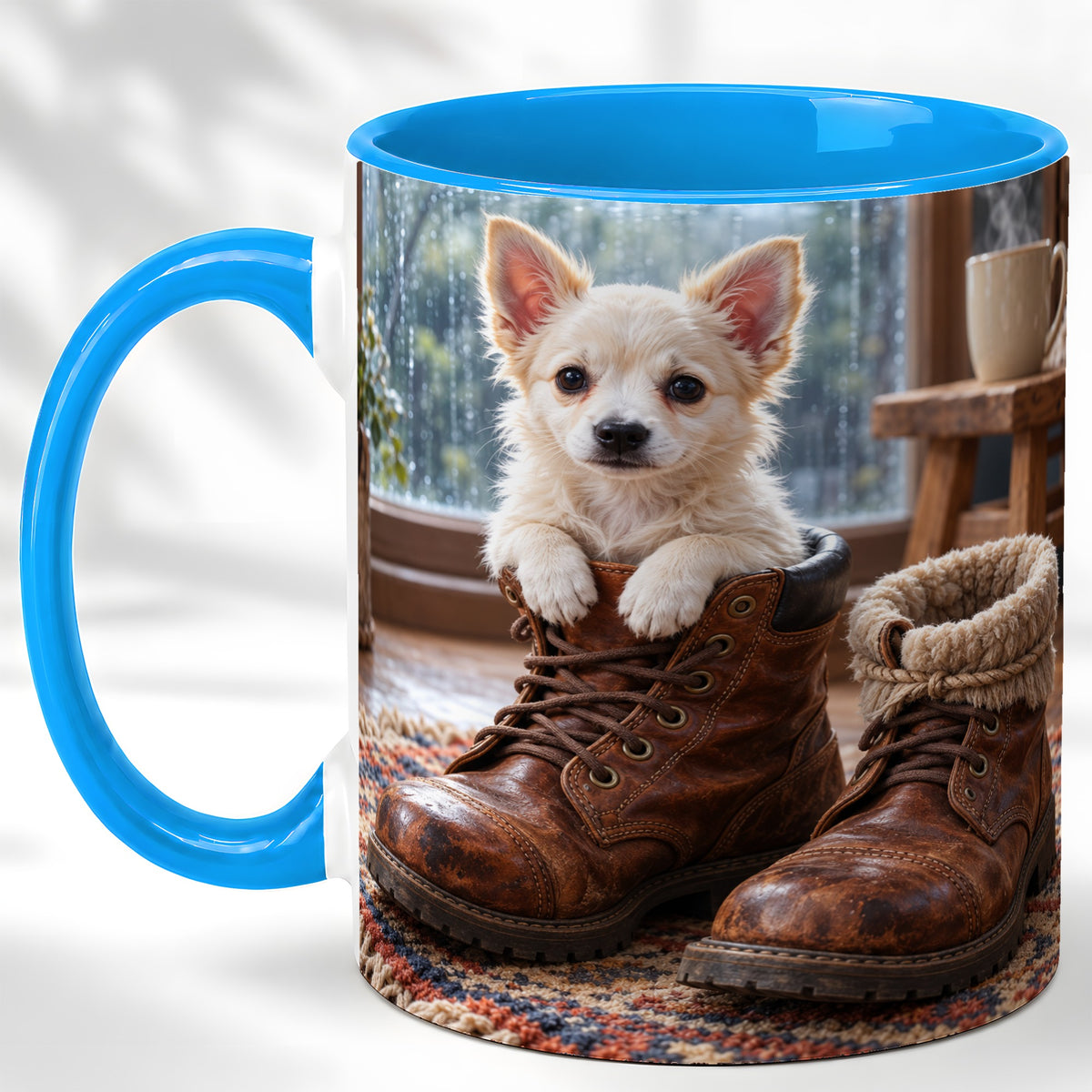 #pl[11oz|Blue] Chihuahua Coffee Mug, Rustic Puppy Mug, Ceramic Cup, Cozy Boots Art