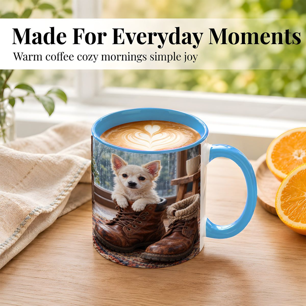 #pl[11oz|Blue] Chihuahua Coffee Mug, Rustic Puppy Mug, Ceramic Cup, Cozy Boots Art
