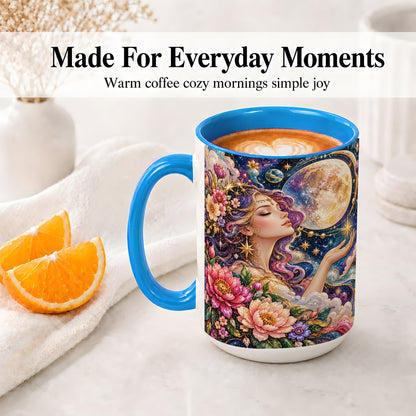 #pl[15oz|Blue] Celestial Woman Accent Mug, Moon and Floral Fantasy Artwork