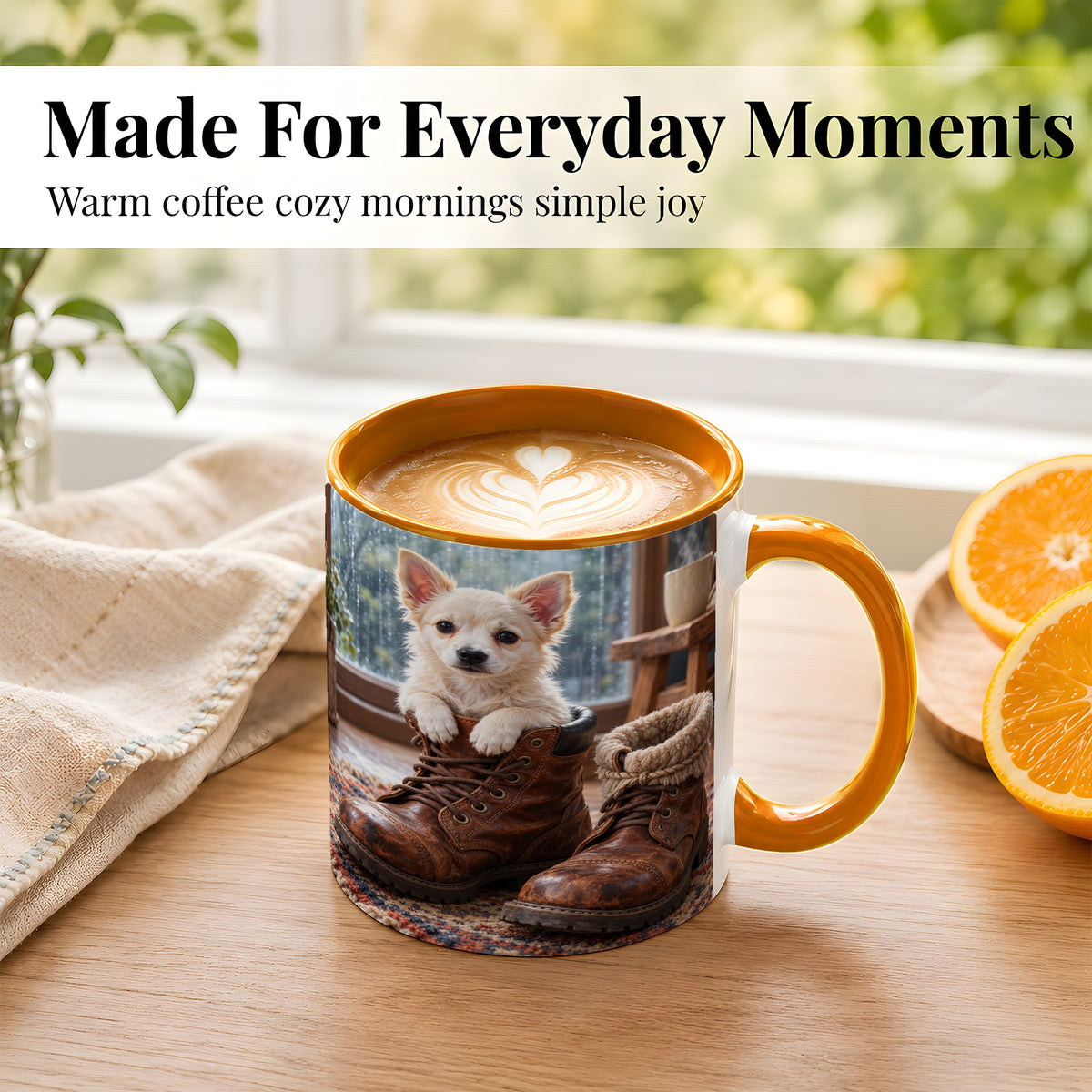 #pl[11oz|Orange] Chihuahua Coffee Mug, Rustic Puppy Mug, Ceramic Cup, Cozy Boots Art