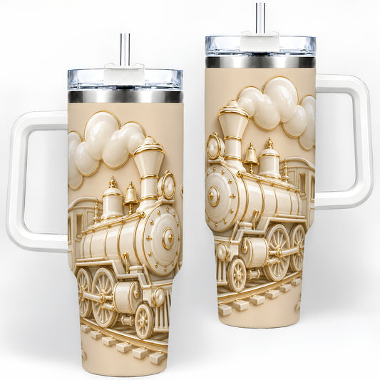 Vintage Steam Train 40oz Tumbler, Classic Ivory Gold Railway Artwork