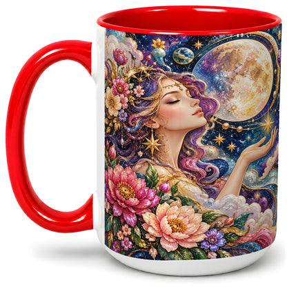 #pl[15oz|Red] Celestial Woman Accent Mug, Moon and Floral Fantasy Artwork