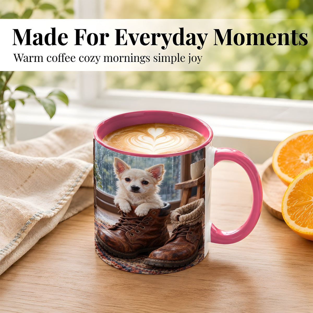 #pl[11oz|Pink] Chihuahua Coffee Mug, Rustic Puppy Mug, Ceramic Cup, Cozy Boots Art