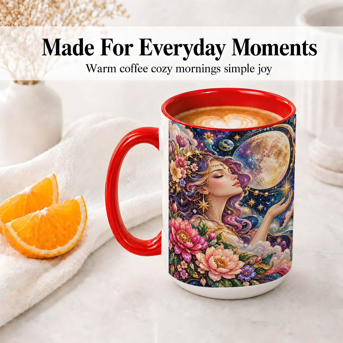 #pl[15oz|Red] Celestial Woman Accent Mug, Moon and Floral Fantasy Artwork