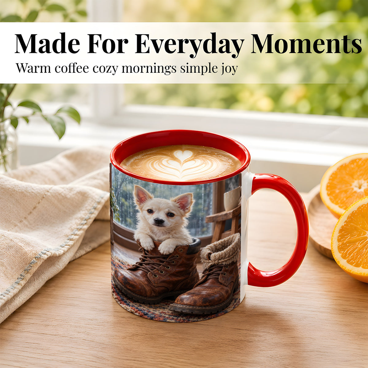 #pl[11oz|Red] Chihuahua Coffee Mug, Rustic Puppy Mug, Ceramic Cup, Cozy Boots Art