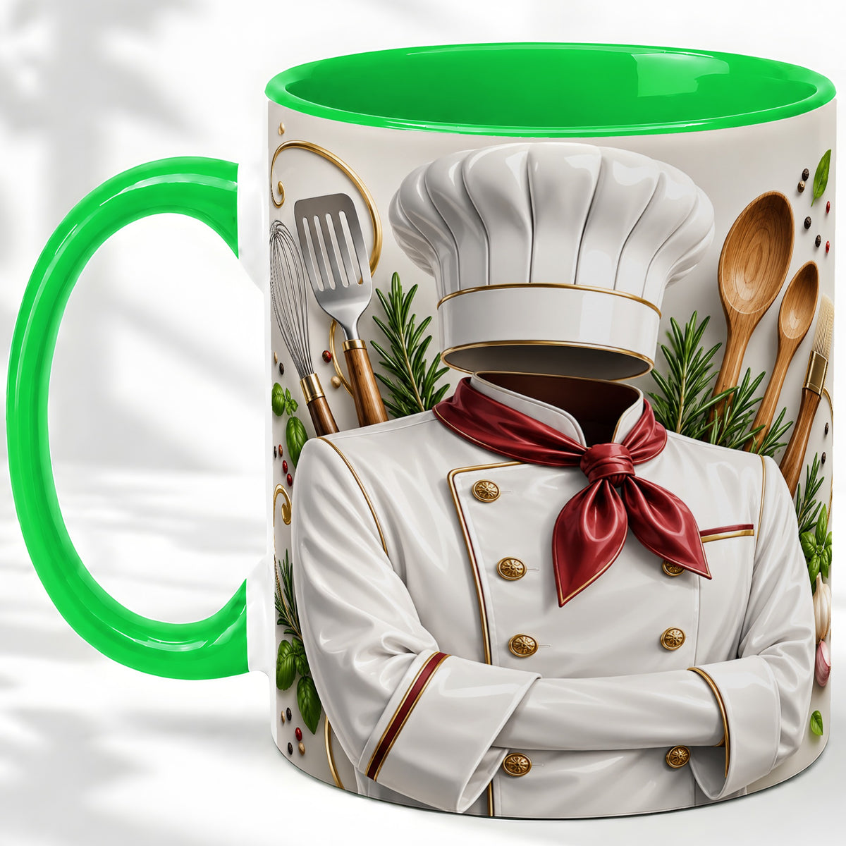 #pl[11oz|Green] Chef Accent Mug, Culinary Uniform and Kitchen Tools Artwork for Chefs