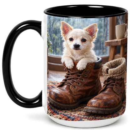 #pl[15oz|Black] Chihuahua Coffee Mug, Rustic Puppy Mug, Ceramic Cup, Cozy Boots Art