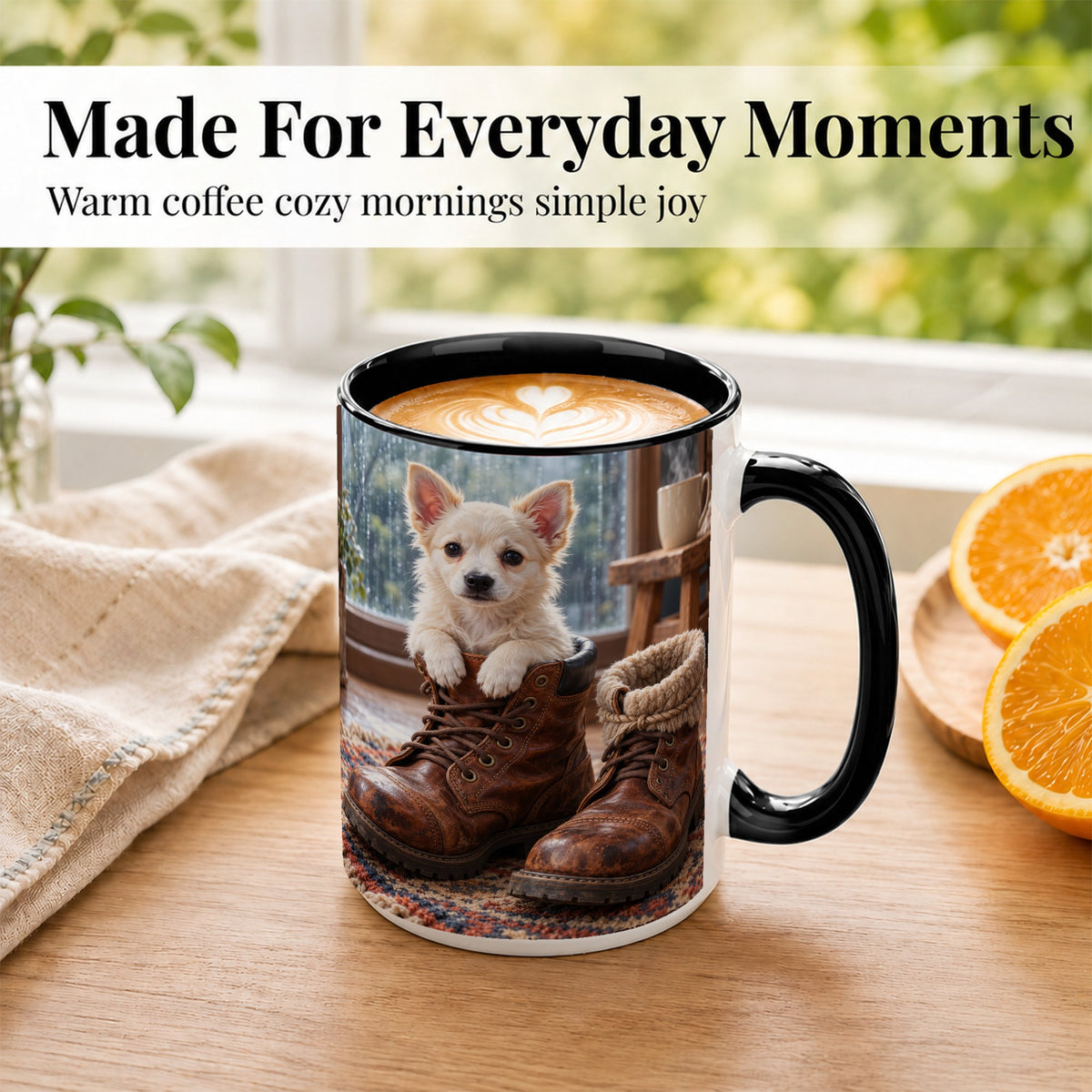 #pl[15oz|Black] Chihuahua Coffee Mug, Rustic Puppy Mug, Ceramic Cup, Cozy Boots Art