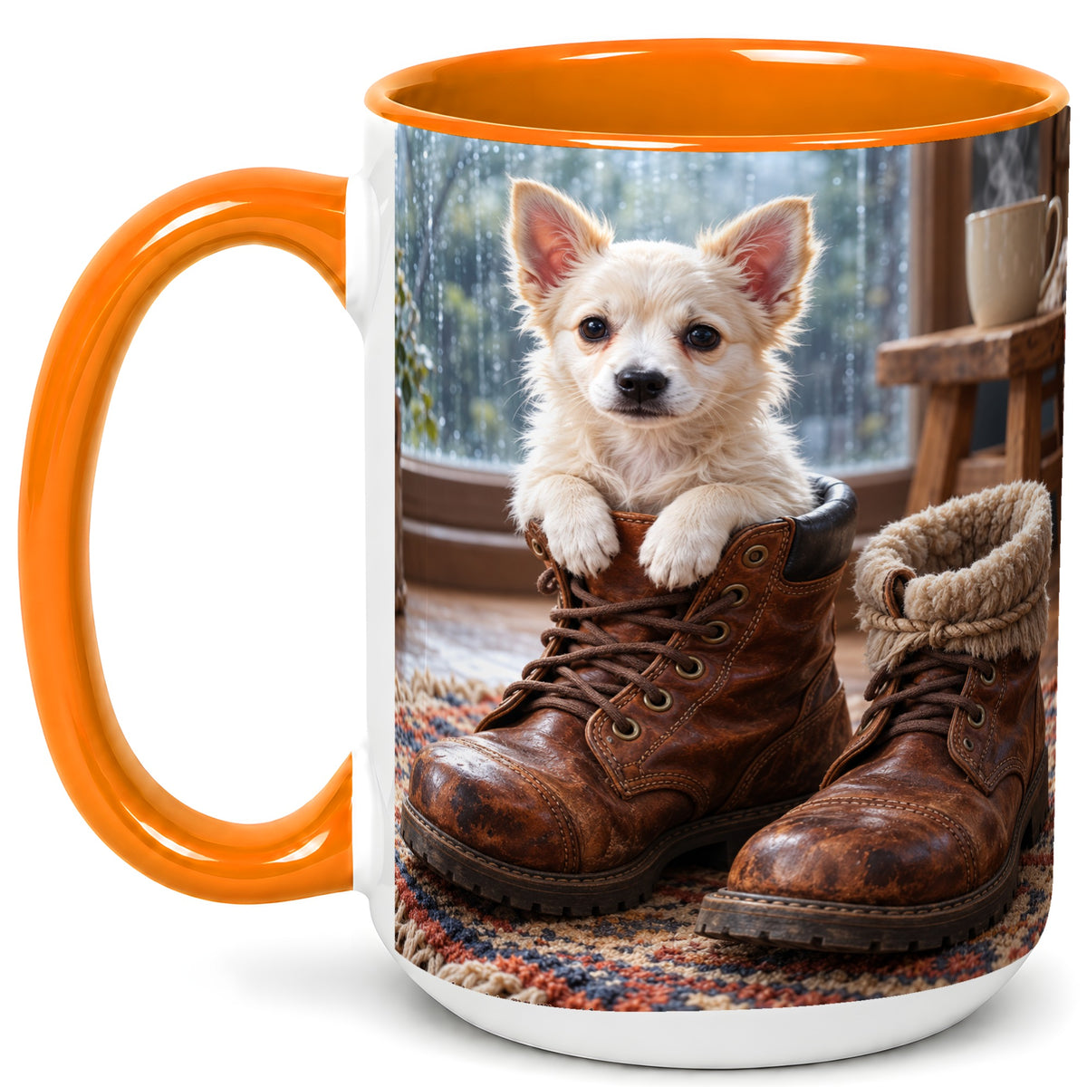 #pl[15oz|Orange] Chihuahua Coffee Mug, Rustic Puppy Mug, Ceramic Cup, Cozy Boots Art