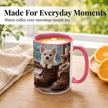 #pl[15oz|Pink] Chihuahua Coffee Mug, Rustic Puppy Mug, Ceramic Cup, Cozy Boots Art