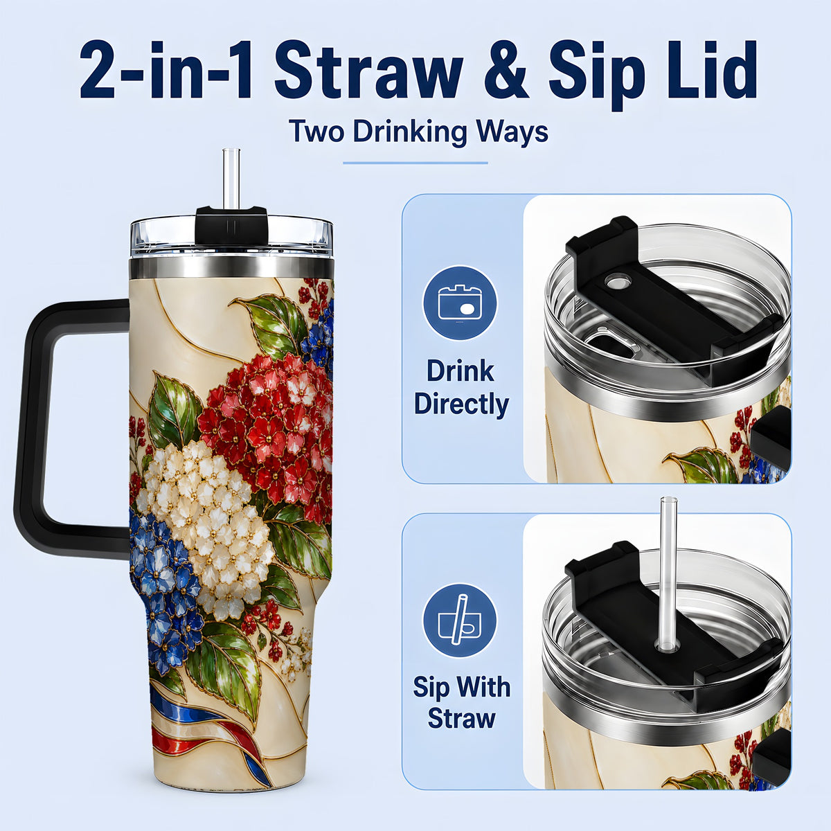 #pl[40oz|Black] Patriotic Hydrangea 40oz Tumbler, Bouquet and Ribbon Floral Artwork