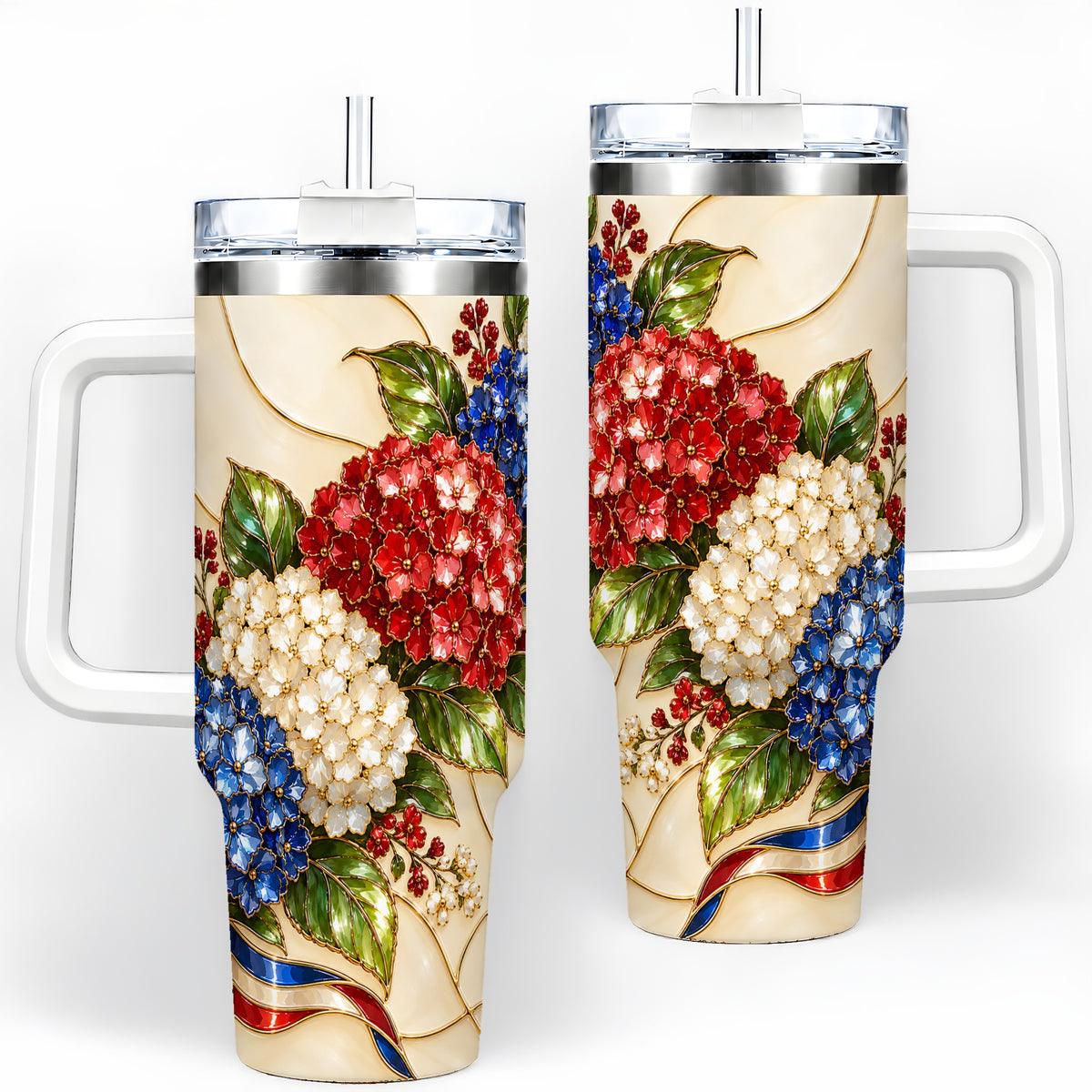 Patriotic Hydrangea 40oz Tumbler, Bouquet and Ribbon Floral Artwork