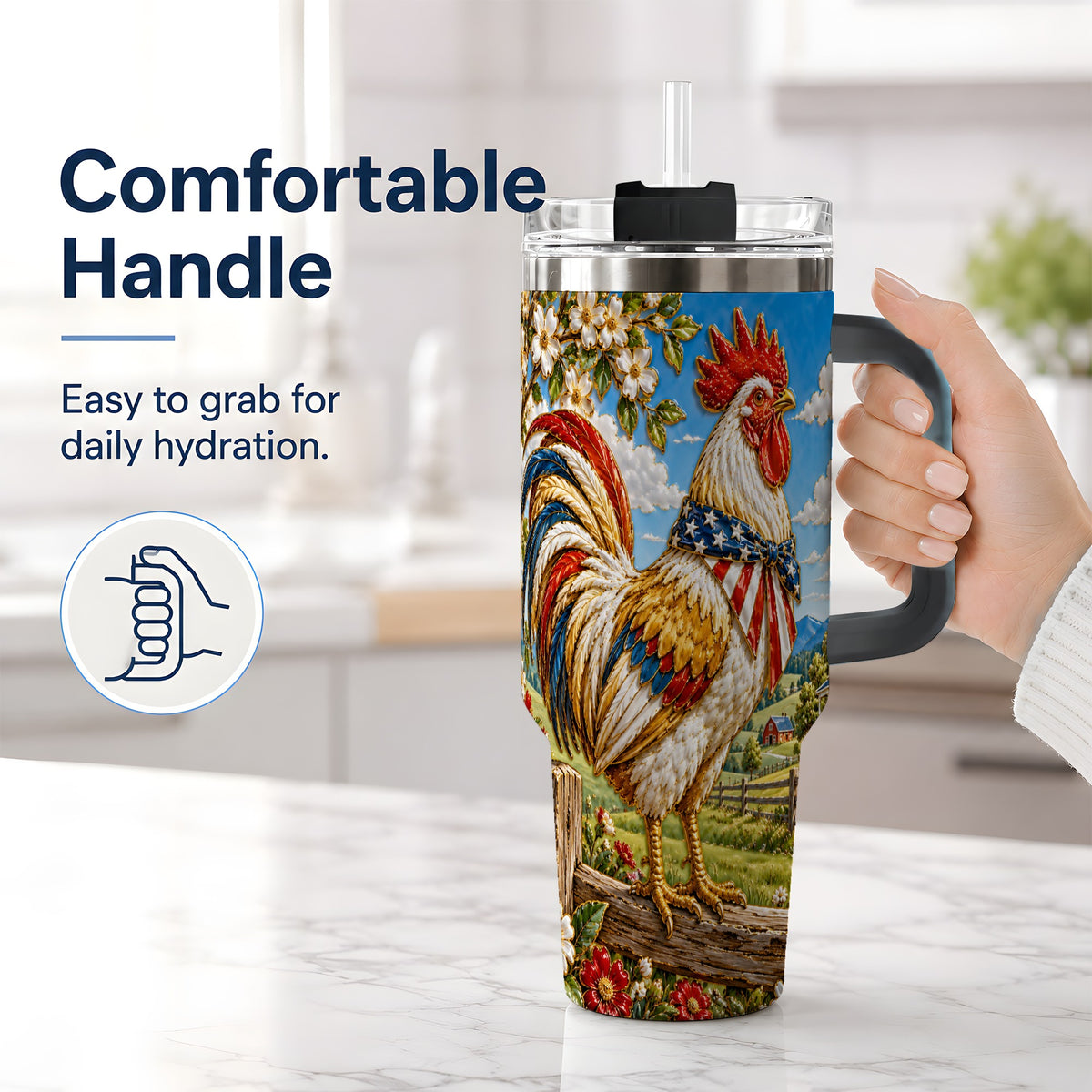 #pl[40oz|Black] Patriotic Rooster 40oz Tumbler, Red White Blue Farm Scene Artwork