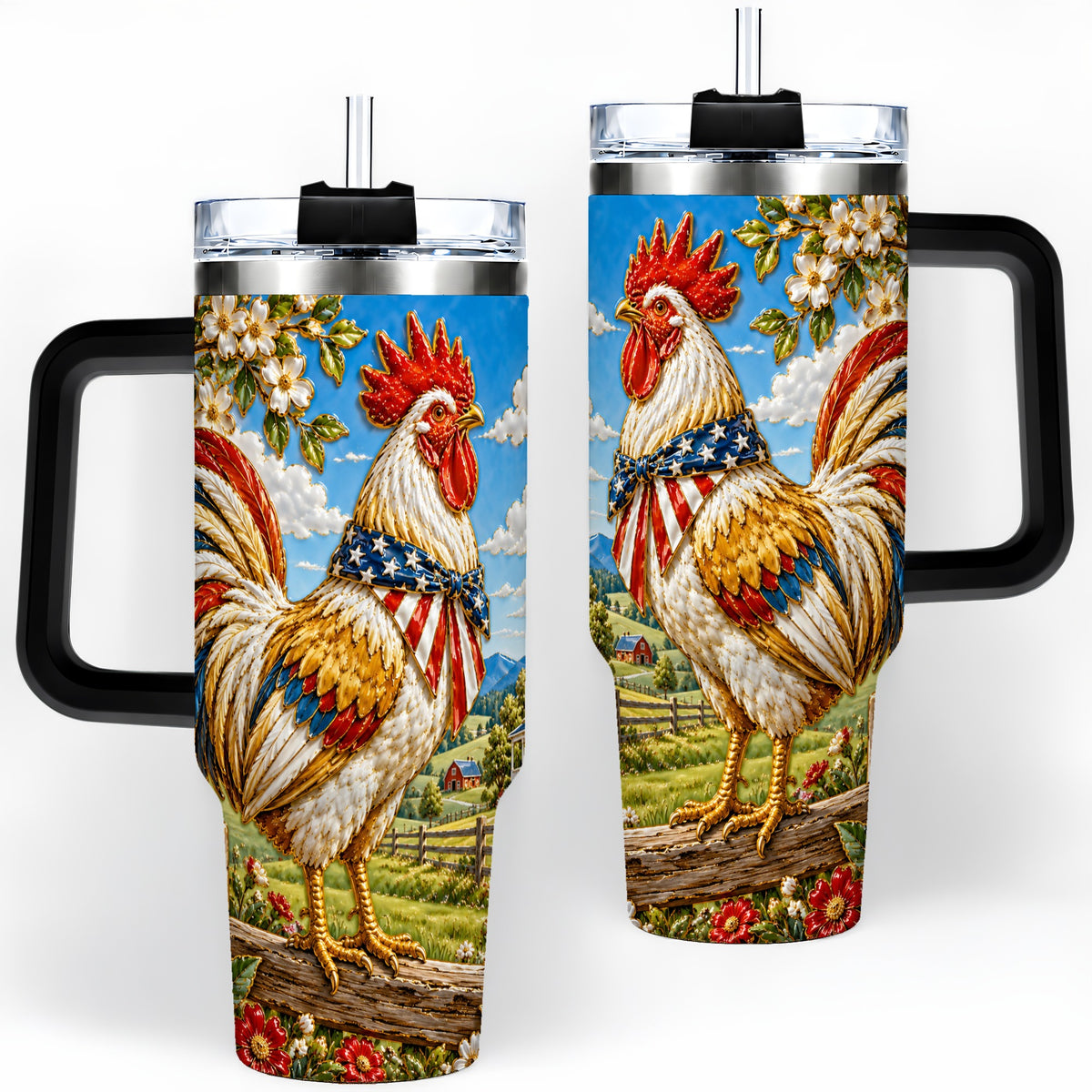 #pl[40oz|Black] Patriotic Rooster 40oz Tumbler, Red White Blue Farm Scene Artwork