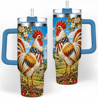#pl[40oz|Blue] Patriotic Rooster 40oz Tumbler, Red White Blue Farm Scene Artwork