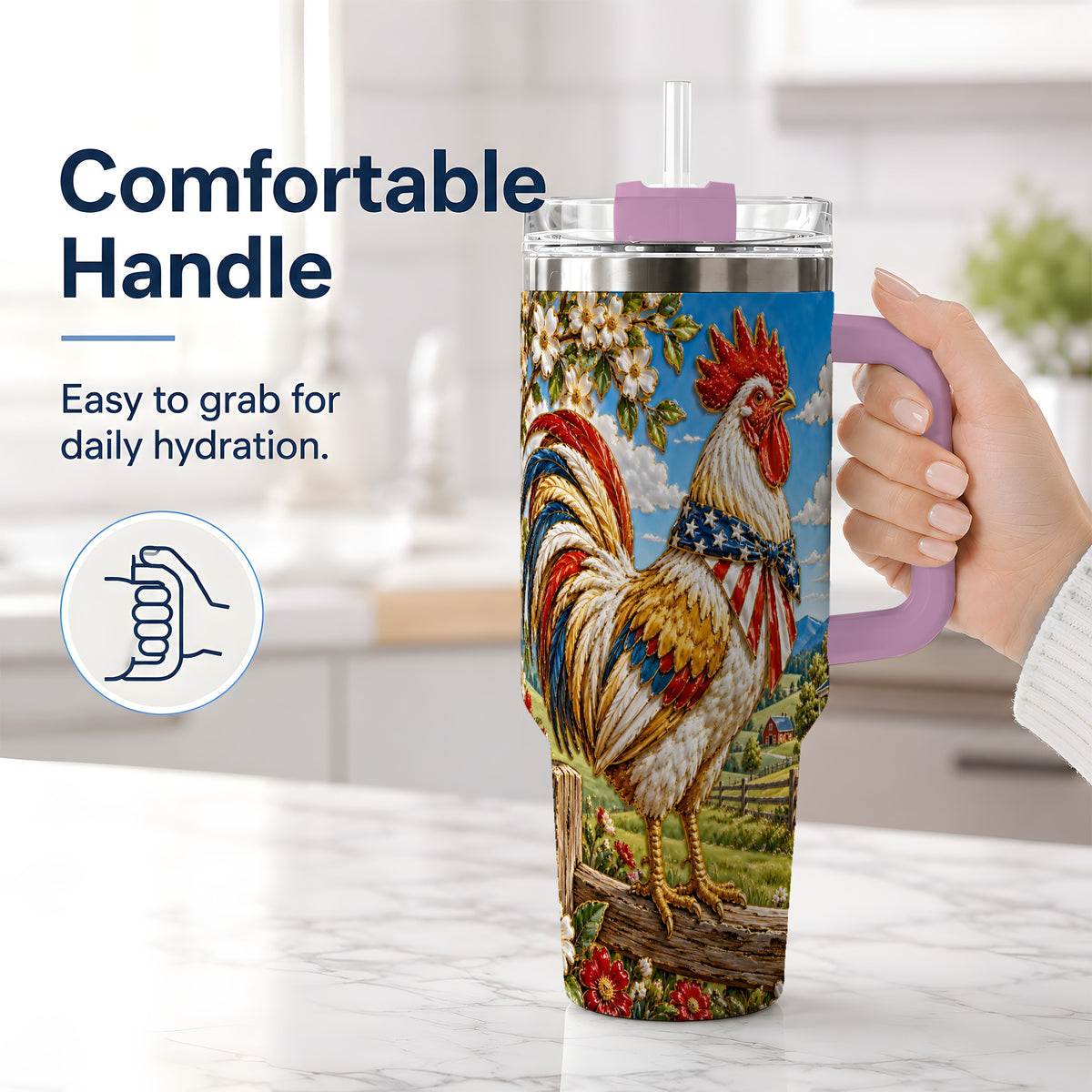 #pl[40oz|Pink] Patriotic Rooster 40oz Tumbler, Red White Blue Farm Scene Artwork
