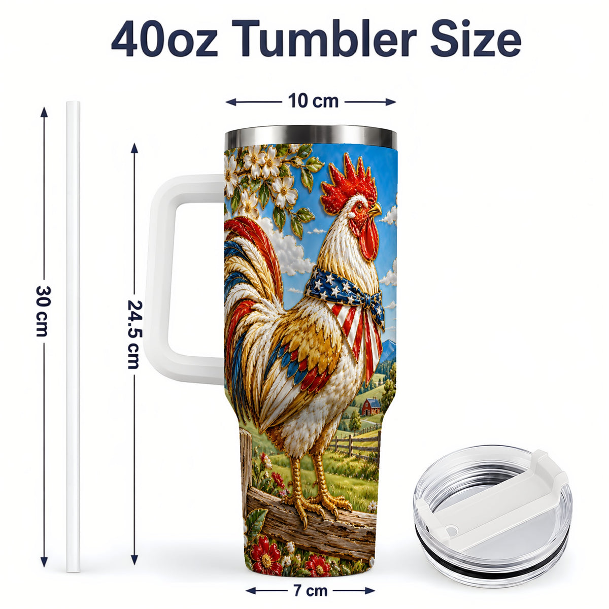#pl[40oz|White] Patriotic Rooster 40oz Tumbler, Red White Blue Farm Scene Artwork