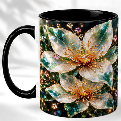 #pl[11oz|Black] Crystal Floral Coffee Mug, Emerald Flower Mug, Ceramic Cup, Glass Style