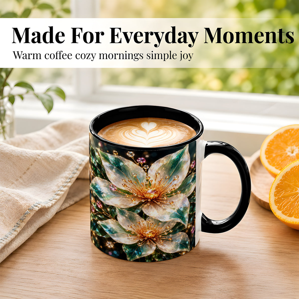 #pl[11oz|Black] Crystal Floral Coffee Mug, Emerald Flower Mug, Ceramic Cup, Glass Style