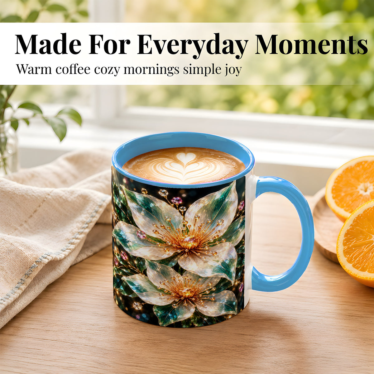 #pl[11oz|Blue] Crystal Floral Coffee Mug, Emerald Flower Mug, Ceramic Cup, Glass Style