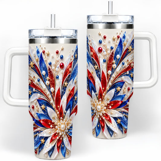 Red White Blue Floral 40oz Tumbler with Radiant Star Art for Daily Use