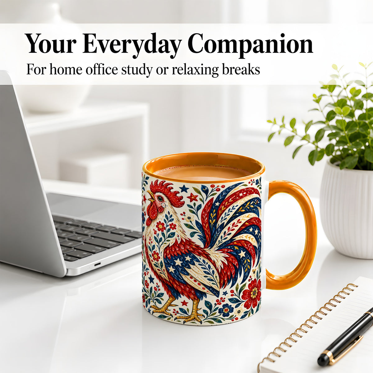 #pl[11oz|Orange] Patriotic Rooster Accent Mug, Folk Floral Artwork for Rooster Lovers