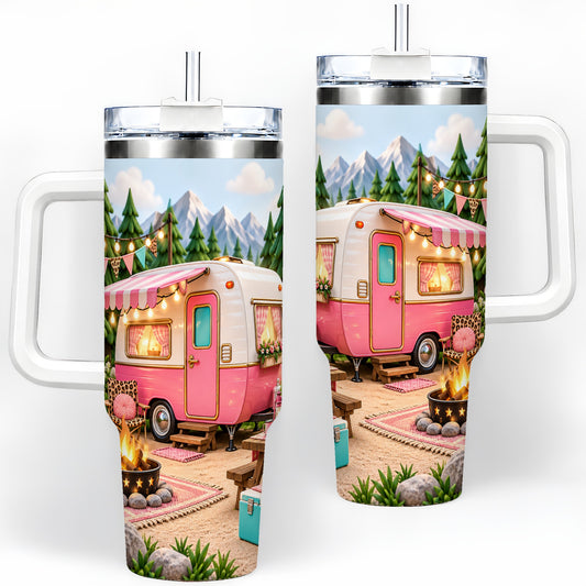 Retro Camper 40oz Tumbler with Pink Campsite Art for Camping Fans