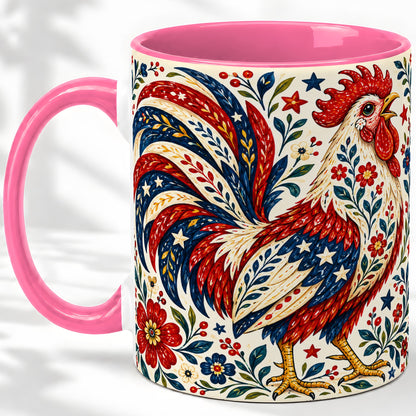 #pl[11oz|Pink] Patriotic Rooster Accent Mug, Folk Floral Artwork for Rooster Lovers