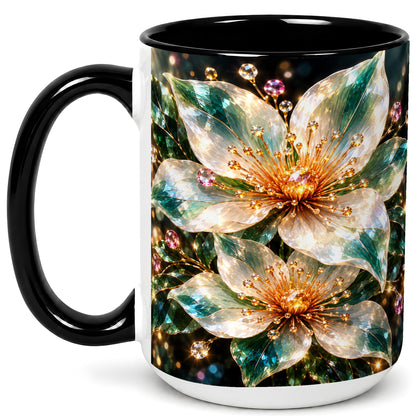 #pl[15oz|Black] Crystal Floral Coffee Mug, Emerald Flower Mug, Ceramic Cup, Glass Style