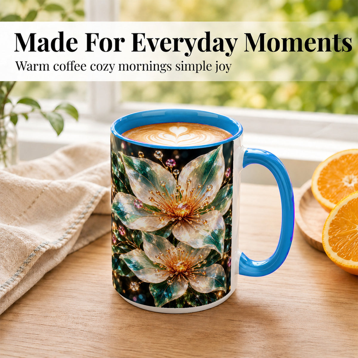 #pl[15oz|Blue] Crystal Floral Coffee Mug, Emerald Flower Mug, Ceramic Cup, Glass Style