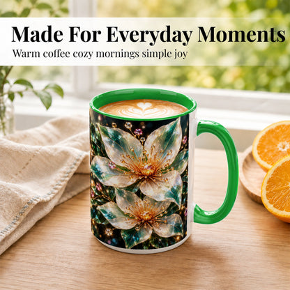 #pl[15oz|Green] Crystal Floral Coffee Mug, Emerald Flower Mug, Ceramic Cup, Glass Style