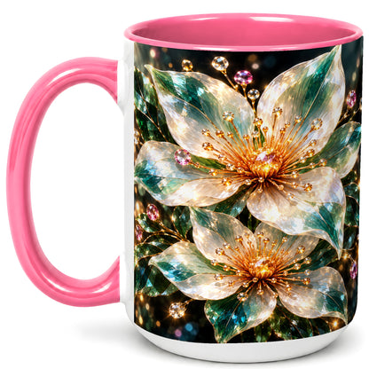 #pl[15oz|Pink] Crystal Floral Coffee Mug, Emerald Flower Mug, Ceramic Cup, Glass Style