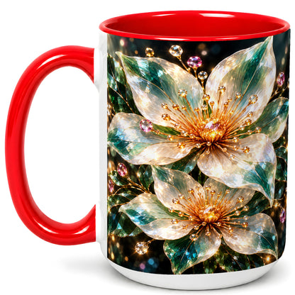 #pl[15oz|Red] Crystal Floral Coffee Mug, Emerald Flower Mug, Ceramic Cup, Glass Style