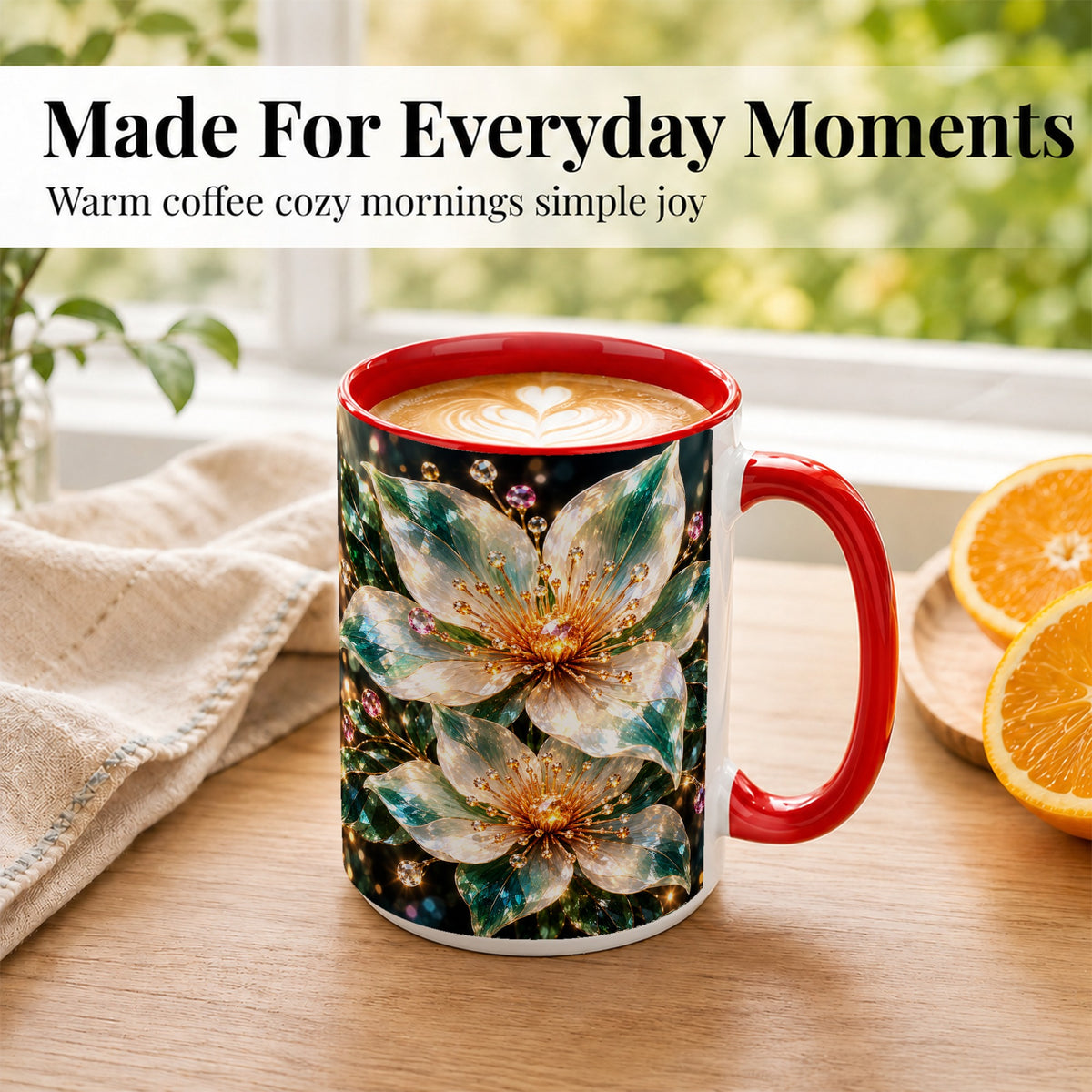#pl[15oz|Red] Crystal Floral Coffee Mug, Emerald Flower Mug, Ceramic Cup, Glass Style