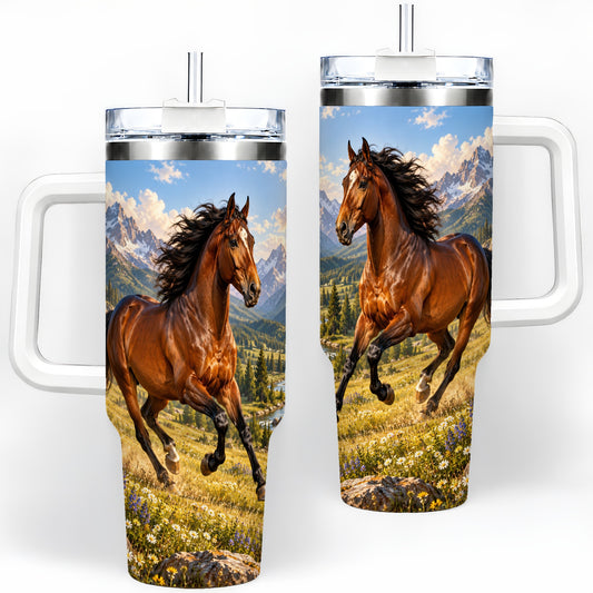 Mountain Horse 40oz Tumbler with Alpine Meadow Art for Horse Lovers