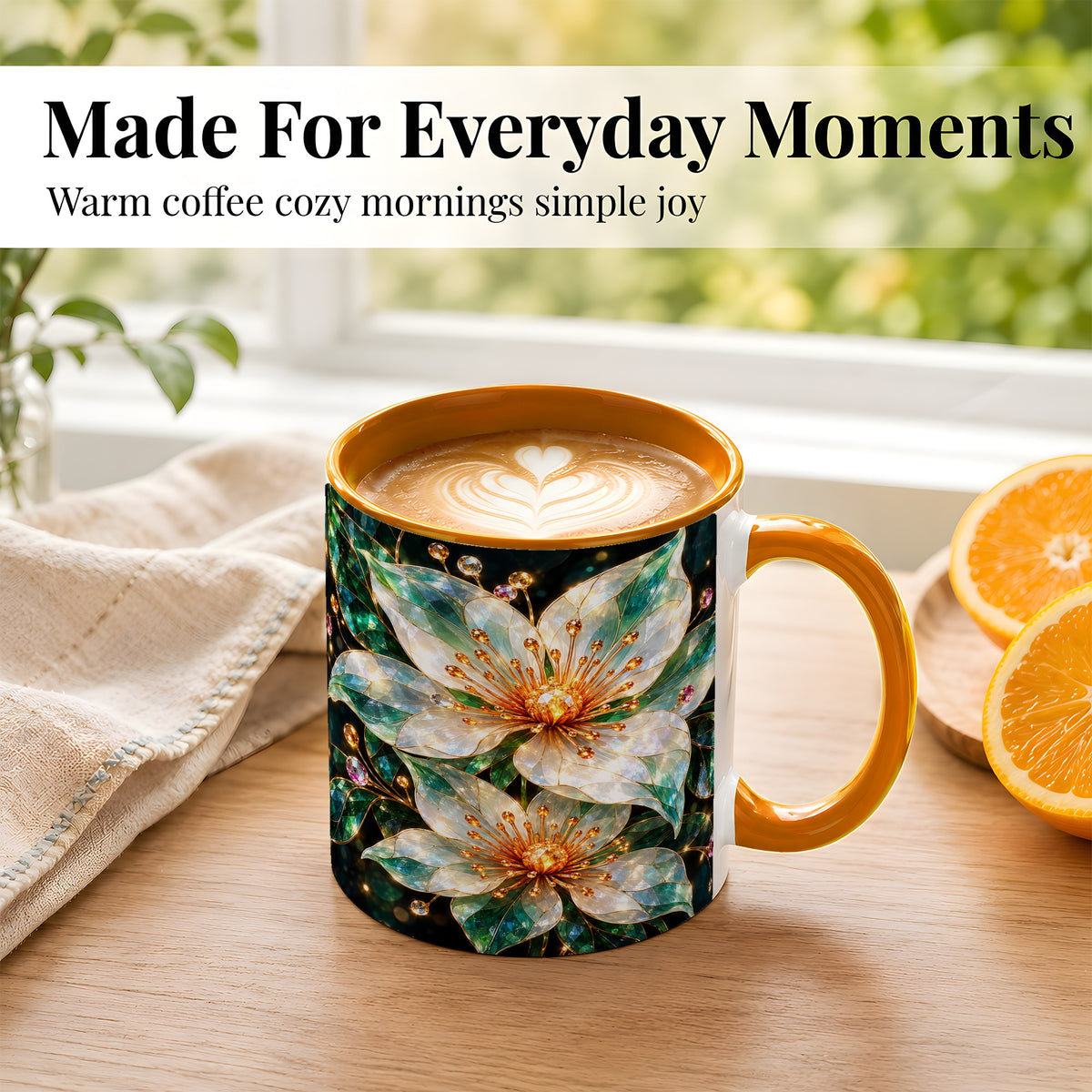 #pl[11oz|Orange] Crystal Flower Coffee Mug, Emerald Floral Mug, Ceramic Cup