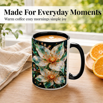 #pl[15oz|Black] Crystal Flower Coffee Mug, Emerald Floral Mug, Ceramic Cup